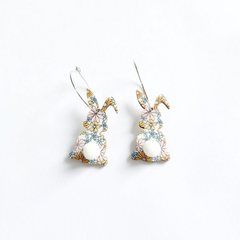 Wholesale Easter cute print spring flowers leopard print egg fur ball tail rabbit earrings